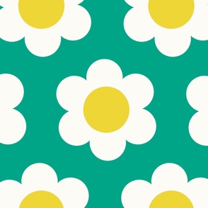 Jumbo 60s Flower Power Daisy - yellow and white on Tropical Teal green - retro floral - retro flowers - simple retro flower wallpaper - kitchy kitchen