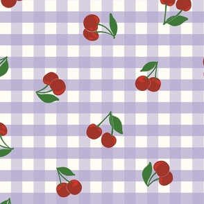 Medium cherry gingham - red cherries on Digital Lavender purple and white gingham check - vicy check - checkerboard - cute vintage inspired summer picnic Buffalo check - Country checks - Gingang Genggang Jangjang - Shepherds check