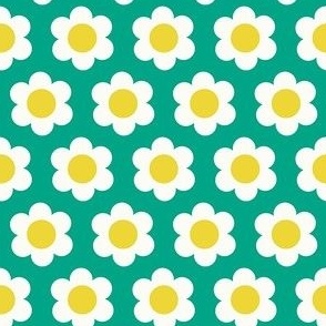 Extra Small 60s Flower Power Daisy - yellow and white on Tropical Teal green - retro floral - retro flowers - simple retro flower wallpaper - kitchy kitchen