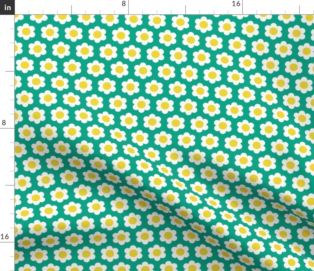 Extra Small 60s Flower Power Daisy - yellow and white on Tropical Teal green - retro floral - retro flowers - simple retro flower wallpaper - kitchy kitchen