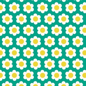 Small 60s Flower Power Daisy - yellow and white on Tropical Teal green - retro floral - retro flowers - simple retro flower wallpaper - kitchy kitchen