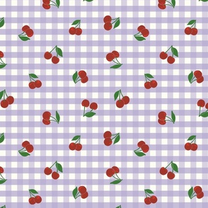 Small cherry gingham - red cherries on Digital Lavender purple and white gingham check - vicy check - checkerboard - cute vintage inspired summer picnic Buffalo check - Country checks - Gingang Genggang Jangjang - Shepherds check