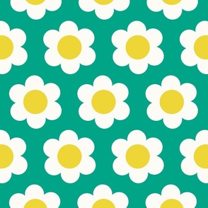 Medium 60s Flower Power Daisy - yellow and white on Tropical Teal green - retro floral - retro flowers - simple retro flower wallpaper - kitchy kitchen