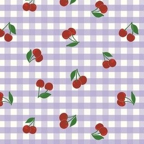 Extra Small cherry gingham - red cherries on Digital Lavender purple and white gingham check - vicy check - checkerboard - cute vintage inspired summer picnic Buffalo check - Country checks - Gingang Genggang Jangjang - Shepherds check