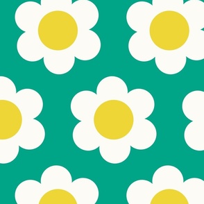 Large 60s Flower Power Daisy - yellow and white on Tropical Teal green - retro floral - retro flowers - simple retro flower wallpaper - kitchy kitchen