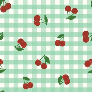Small cherry gingham - red cherries on Jade green and white gingham check - vicy check - checkerboard - cute vintage inspired summer picnic Buffalo check - Country checks - Gingang Genggang Jangjang - Shepherds check