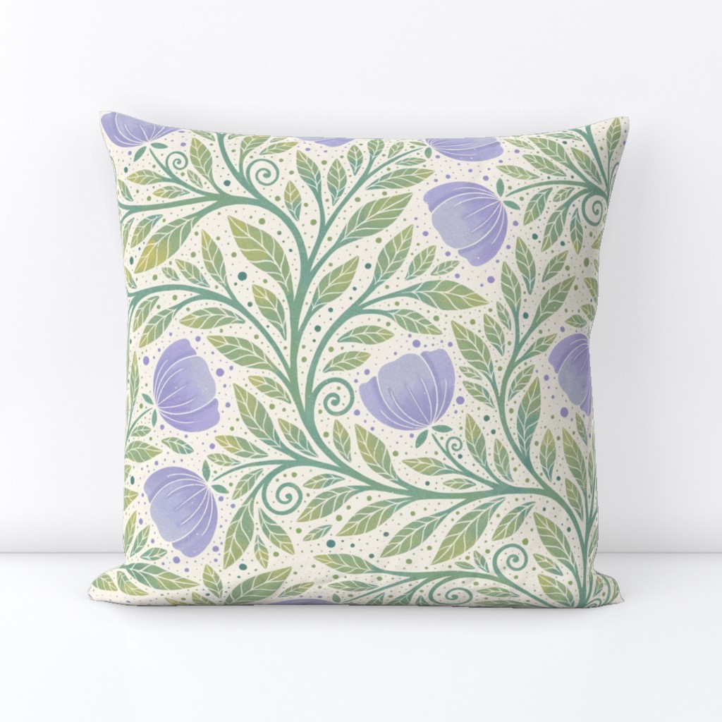 Whimsical hidden garden watercolor style - purple and green - home decor - bedding - wallpaper - curtains - delicate - floral - medium.