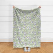 Whimsical hidden garden watercolor style - purple and green - home decor - bedding - wallpaper - curtains - delicate - floral - medium.
