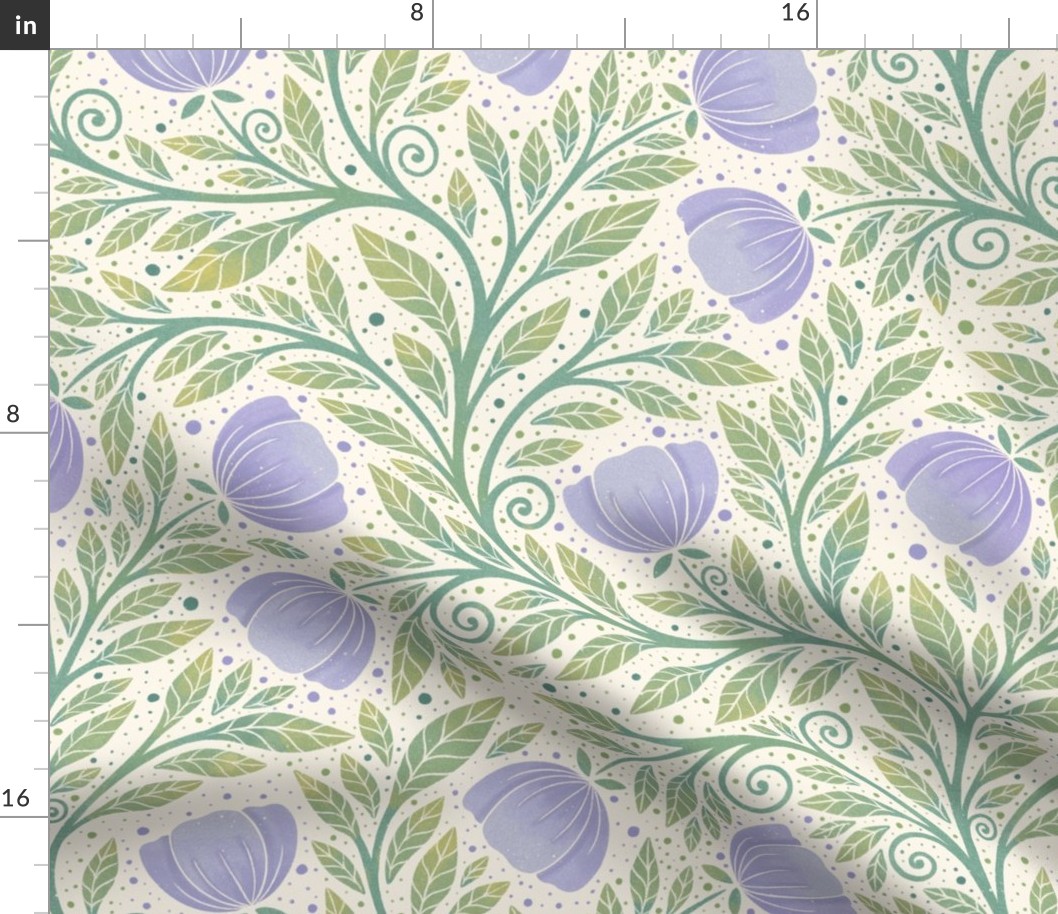 Whimsical hidden garden watercolor style - purple and green - home decor - bedding - wallpaper - curtains - delicate - floral - medium.