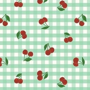 Extra Small cherry gingham - red cherries on Jade green and white gingham check - vicy check - checkerboard - cute vintage inspired summer picnic Buffalo check - Country checks - Gingang Genggang Jangjang - Shepherds check