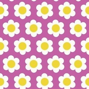 Extra Small 60s Flower Power Daisy - yellow and white on Crocus spring purple - retro floral - retro flowers - simple retro flower wallpaper