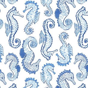 Large - Blue and white Seahorses - painterly seahorse Sea Horse - Nautical Preppy Horses - Coastal Seahorse Beach Sealife Sea Ocean Maritime - kids childrens nursery baby boy