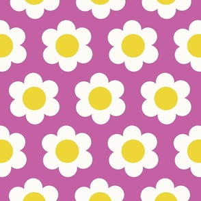 Medium 60s Flower Power Daisy - yellow and white on Crocus spring purple - retro floral - retro flowers - simple retro flower wallpaper