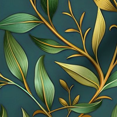 Willow Branches - Green on  Deep Teal  Wallpaper