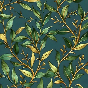Willow Branches - Green on  Deep Teal  Wallpaper