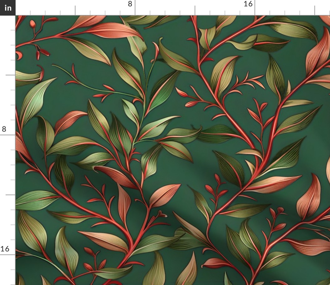 Willow Branches - Green/Red on Forest Green Wallpaper