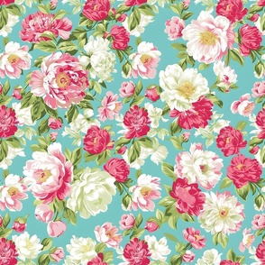 Spring Bloom - Bright Pink on Aqua Wallpaper 