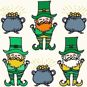 St Patrick's Day Leprechaun with a Pot of Gold On Cream White Background