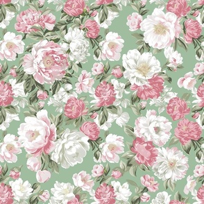 Spring Bloom - Soft Rose on Pale Moss Wallpaper 