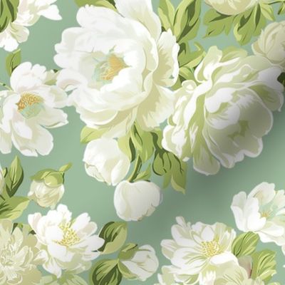 Spring Bloom - White on Pale Moss Wallpaper 