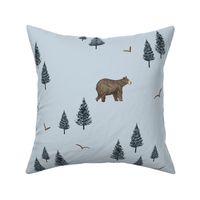 Watercolor Bear, Elk and Pine Trees in the Woods on light blue