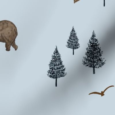 Watercolor Bear, Elk and Pine Trees in the Woods on light blue