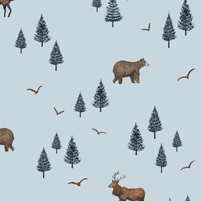 Watercolor Bear, Elk and Pine Trees in the Woods on light blue