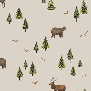 Watercolor Bear, Elk and Pine Trees in the Woods on cream background