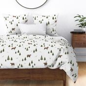 Watercolor Bear, Elk and Pine Trees in the Woods on white background