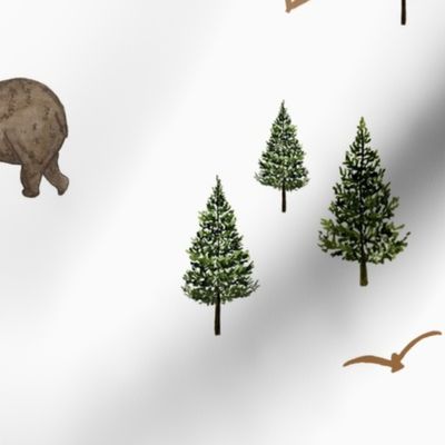 Watercolor Bear, Elk and Pine Trees in the Woods on white background