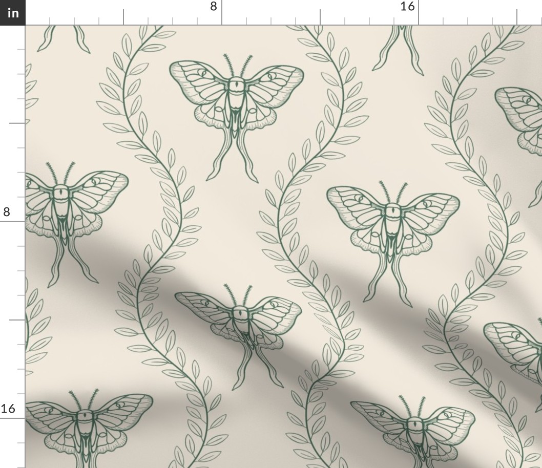 Hand drawn Luna moth ogee style stripe with leaf wreathsforest green and off white cream