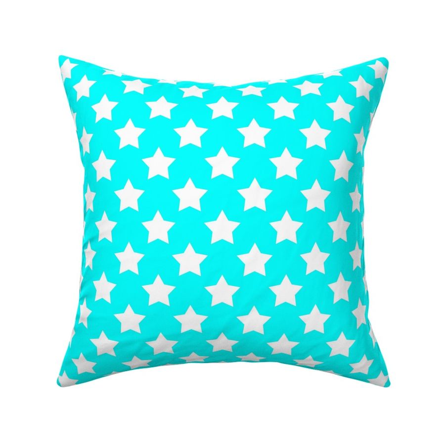 white stars on neon sky blue background