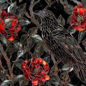Stained Glass Silvered Black Ravens Crows with Red Roses / Fabric / Wallpaper / Home Decor / Upholstery / Clothing