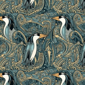 art deco penguins in gold and green