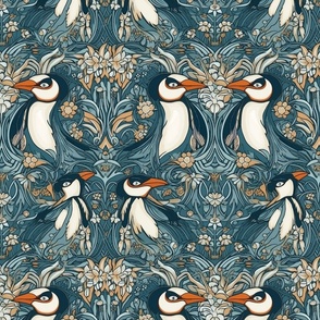 art nouveau penguin botanical in green and gold