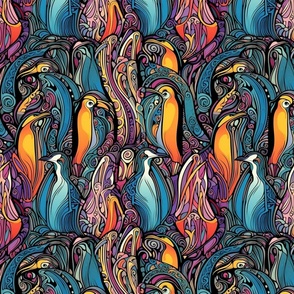 brilliant and bright rainbow art nouveau penguins