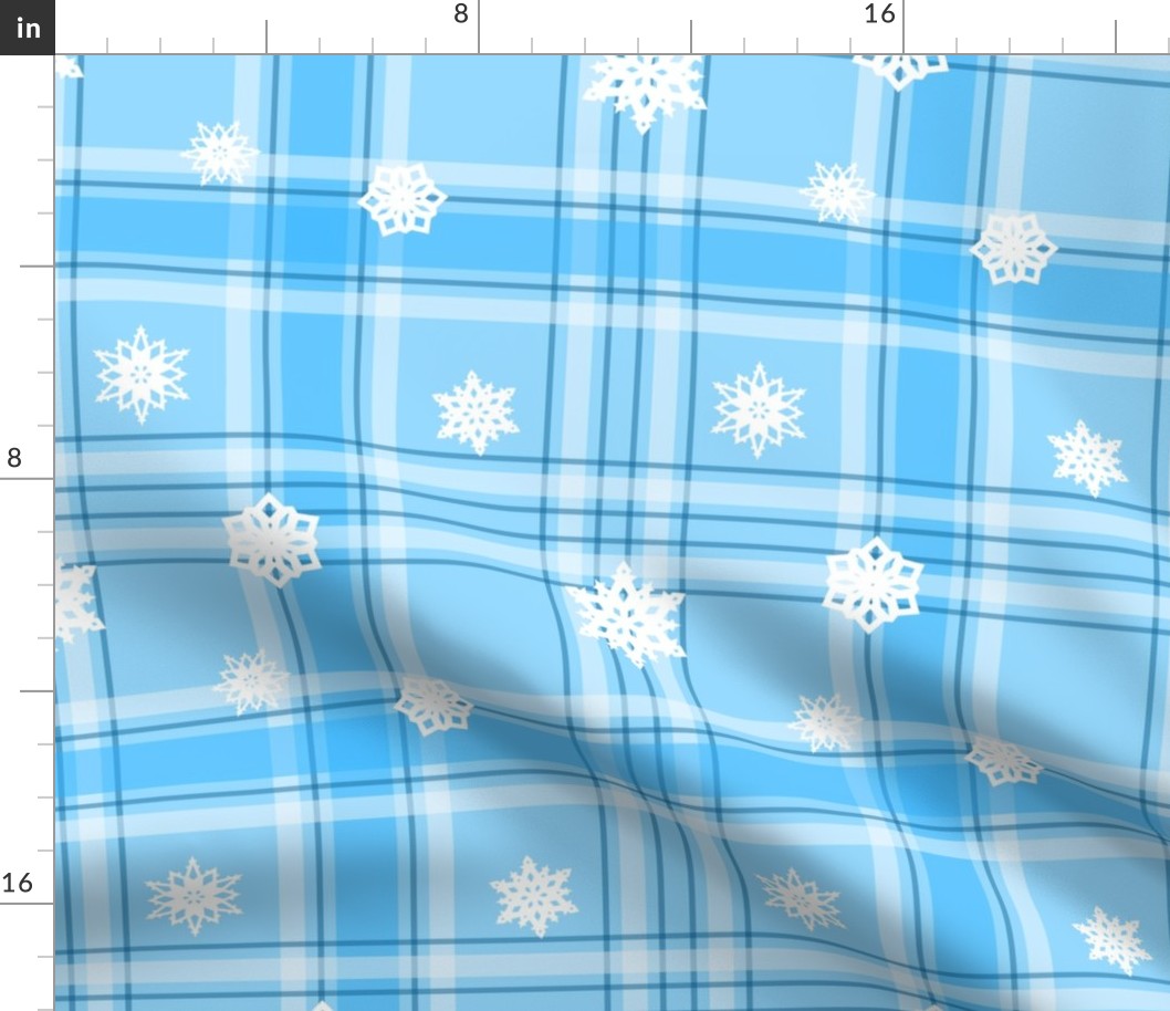 Bright snow - bright blue plaid with big snowflakes