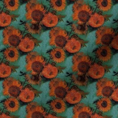Van Gogh's Sunflowers  | Orange Flowers on Teal Green
