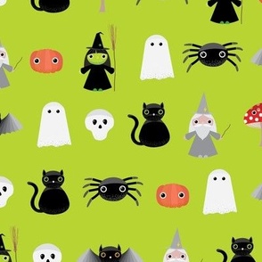 Midi - Spooky Geometric Halloween Cute Characters & Cobwebs - Lime Green