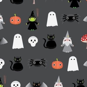 Midi - Spooky Geometric Halloween Cute Characters & Cobwebs - Charcoal Gray