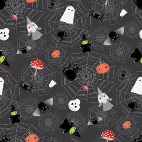 Midi - Spooky Tossed Halloween Cute Characters & Cobwebs - Charcoal Gray