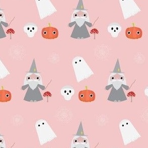 Midi - Cute Geometric Halloween Wizard, Ghost, Skull, Pumpkin, Mushroom & Cobwebs - Rose Blush Pink