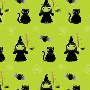 Midi - Cute Geometric Halloween Witch, Black Cat, Spider, Bat & Cobwebs - Lime Green