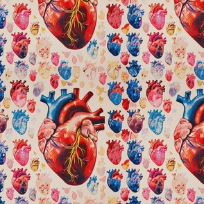 watercolor anatomical hearts in red and blue