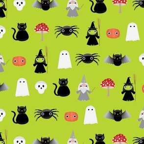 Mini - Spooky Geometric Halloween Cute Characters & Cobwebs - Lime Green