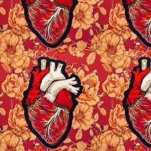 victorian floral with anatomical hearts in red and orange