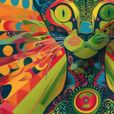psychedelic kitty in lime green orange and red
