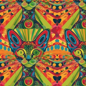 psychedelic kitty in lime green orange and red