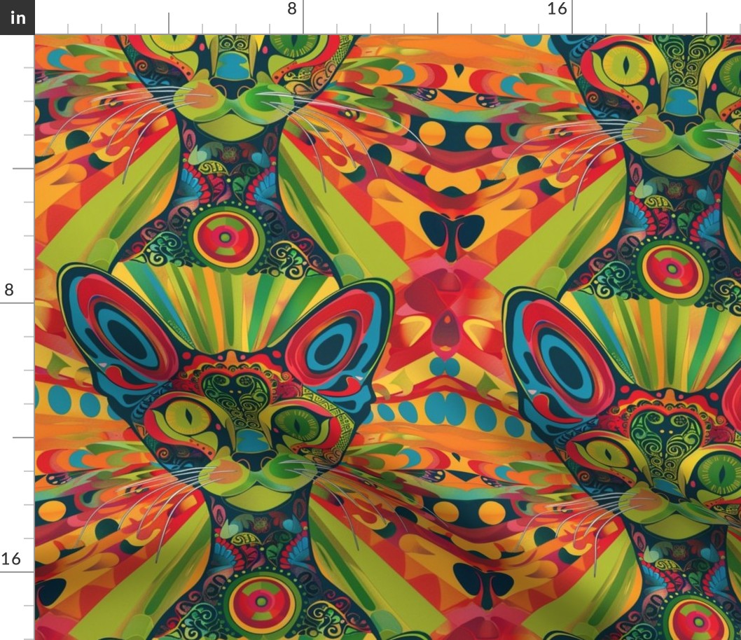 psychedelic kitty in lime green orange and red