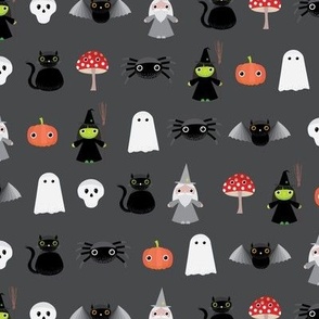 Mini - Spooky Geometric Halloween Cute Characters & Cobwebs - Charcoal Gray